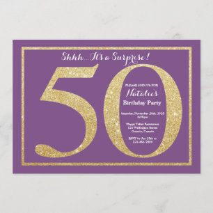 Surprise 50th Birthday Purple and Gold Glitter Invitation