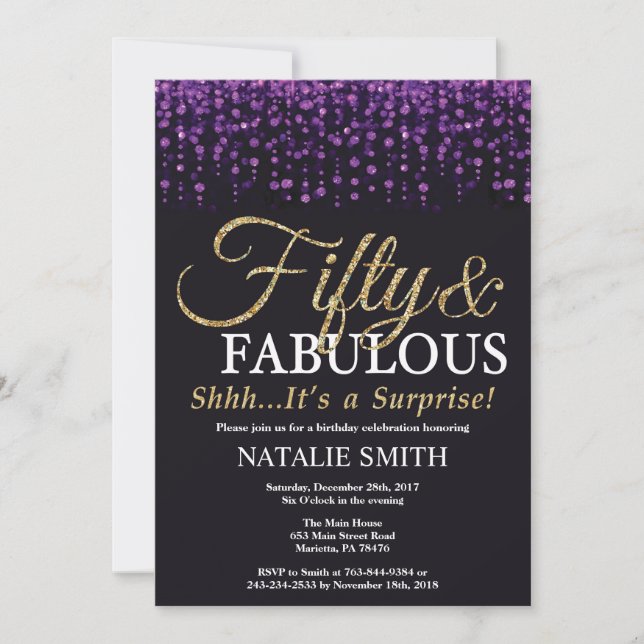 Surprise 50th Birthday Purple and Gold Glitter Invitation (Front)