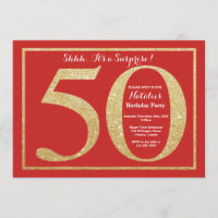 Surprise 50th Birthday Red and Gold Glitter
