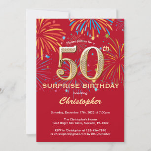 Surprise 50th Birthday Red & Gold Rainbow Firework Invitation