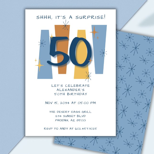 Surprise 50th Birthday Retro Midcentury Blue Invitation (Creator Uploaded)