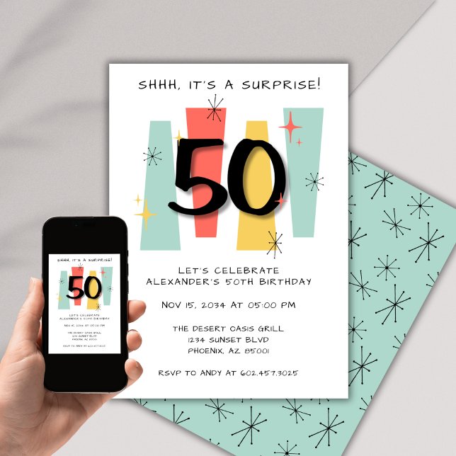 Surprise 50th Birthday Retro Midcentury Modern Invitation (Creator Uploaded)