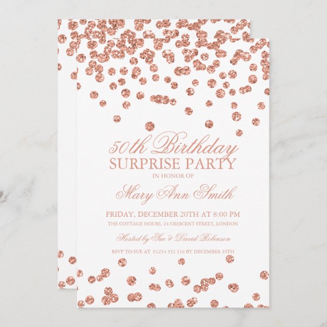 Surprise 50th Birthday Rose Gold Glitter Confetti Invitation (Front/Back)