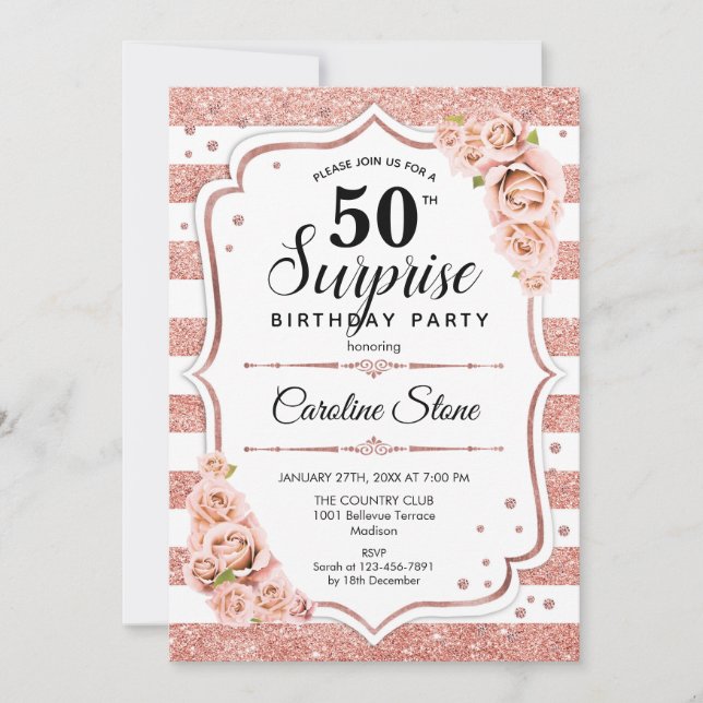 Surprise 50th Birthday - Rose Gold White Pink Invitation (Front)
