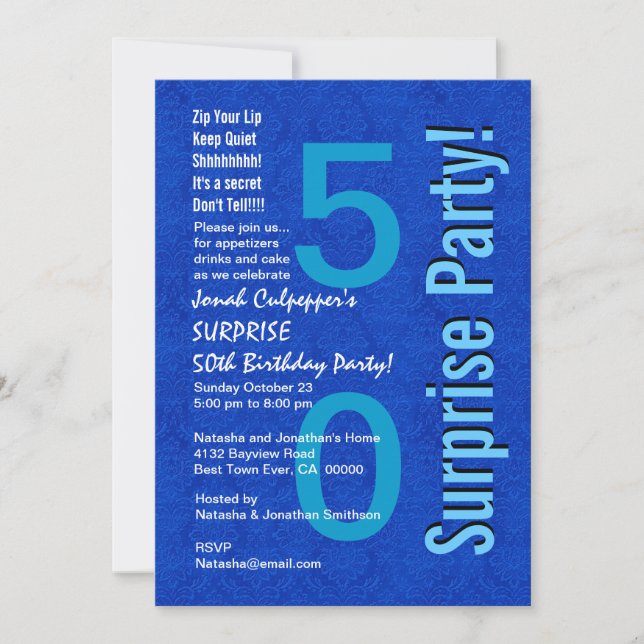 SURPRISE 50th Birthday Royal Blue B400 Invitation (Front)
