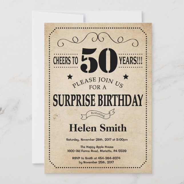 Surprise 50th Birthday Rustic Vintage Retro Invitation (Front)
