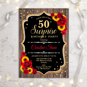 Surprise 50th Birthday - Rustic Wood Sunflowers Invitation