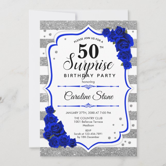 Surprise 50th Birthday - Silver White Royalty Blue Invitation (Front)
