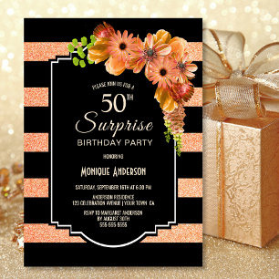 Surprise 50th Birthday Striped Orange Floral Invitation