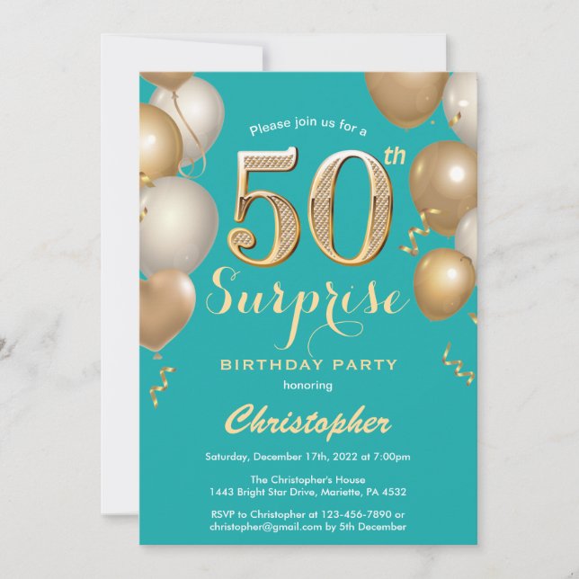 Surprise 50th Birthday Teal and Gold Balloons Invitation (Front)