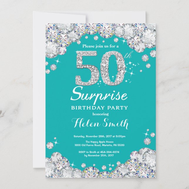Surprise 50th Birthday Teal and Silver Diamond Invitation (Front)