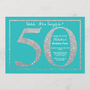 Surprise 50th Birthday Teal and Silver Glitter Invitation