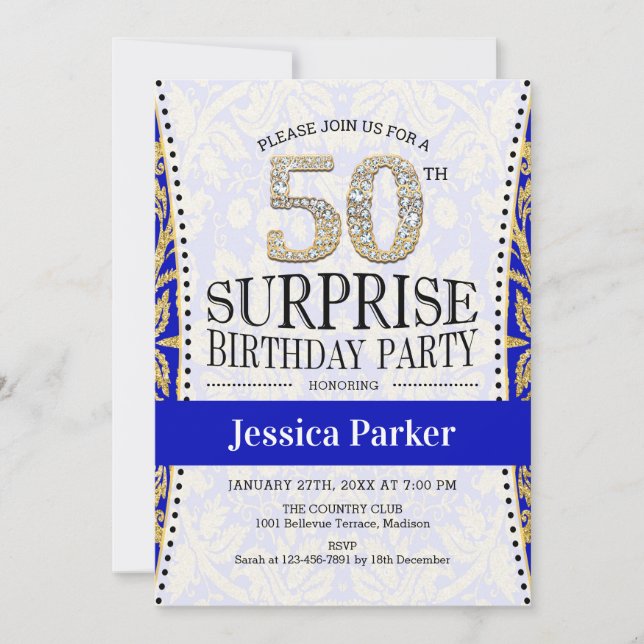 Surprise 50th Birthday - White Gold Royal Blue Invitation (Front)