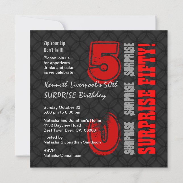 SURPRISE 50th Modern Birthday Black Red W587 Invitation (Front)