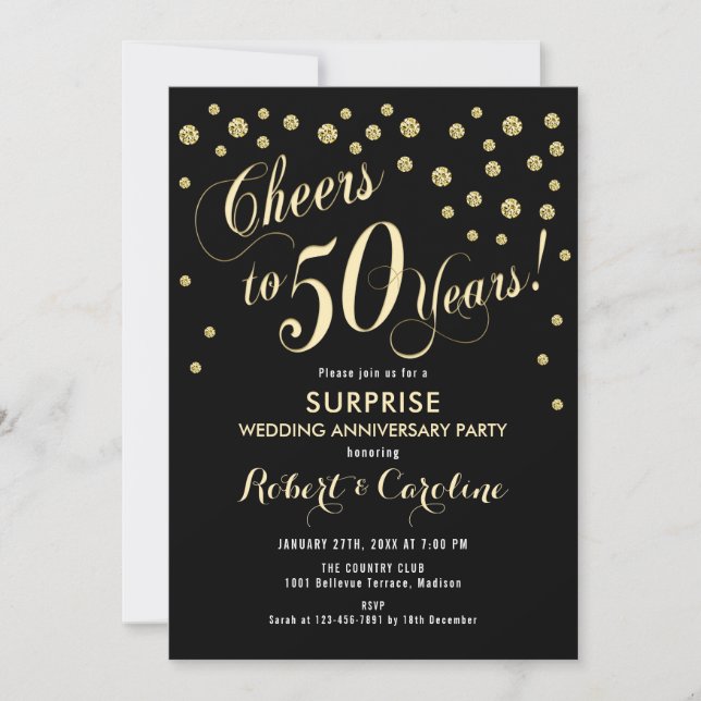 Surprise 50th Wedding Anniversary - Black & Gold Invitation (Front)