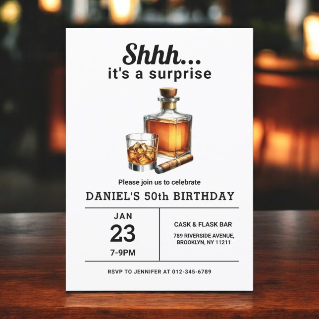 Surprise 50th Whiskey Cigar Bourbon Birthday Party Invitation (Creator Uploaded)