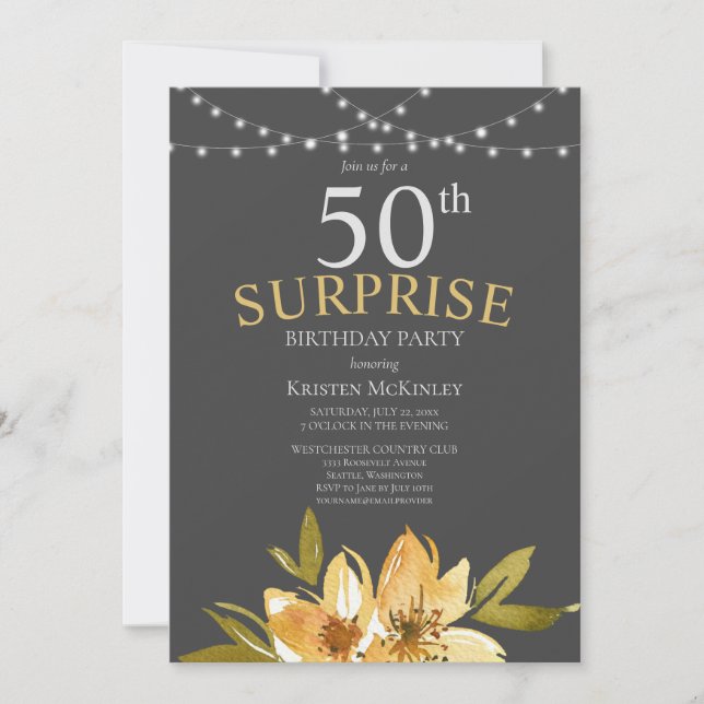 Surprise 50th Yellow Floral Birthday Party Invitation (Front)