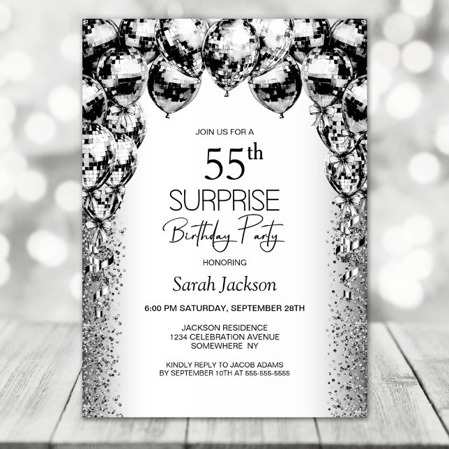 Surprise 55th Birthday Black White Balloons Party Invitation (Creator Uploaded)