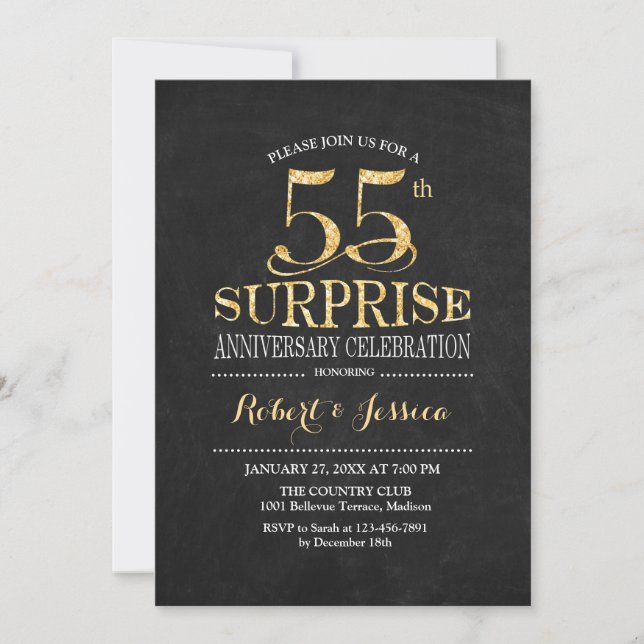 Surprise 55th Wedding Anniversary Chalkboard Gold Invitation (Front)