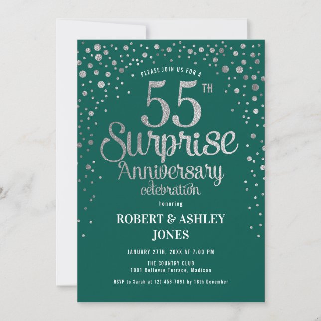 Surprise 55th Wedding Anniversary - Green & Silver Invitation (Front)