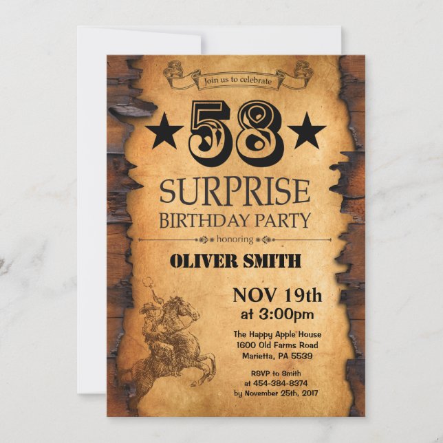 Surprise 58th Western Birthday Invitation (Front)
