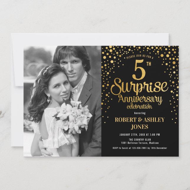 Surprise 5th Anniversary with Photo - Black Gold Invitation (Front)