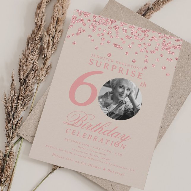 SURPRISE 60 Birthday Rose Gold Confetti Champagne Invitation (SURPRISE 60 Birthday Rose Gold Confetti Champagne Invitation)