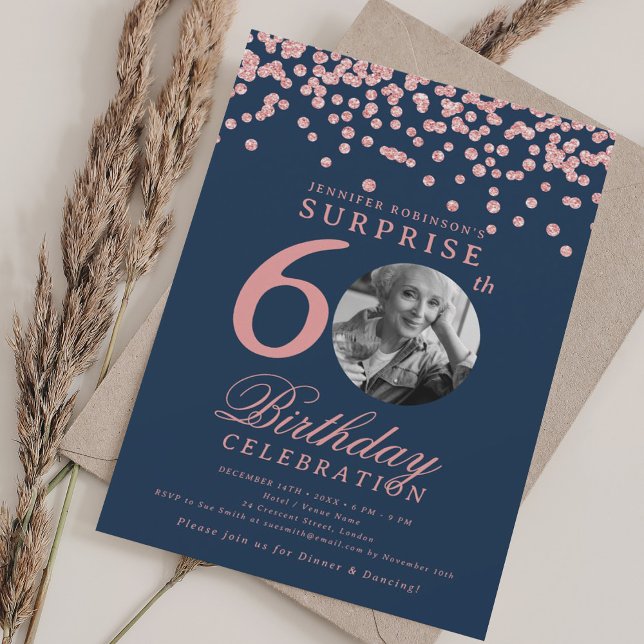 SURPRISE 60 Birthday Rose Gold Confetti Navy Blue  Invitation (SURPRISE 60 Birthday Rose Gold Confetti Navy Blue Invitation)