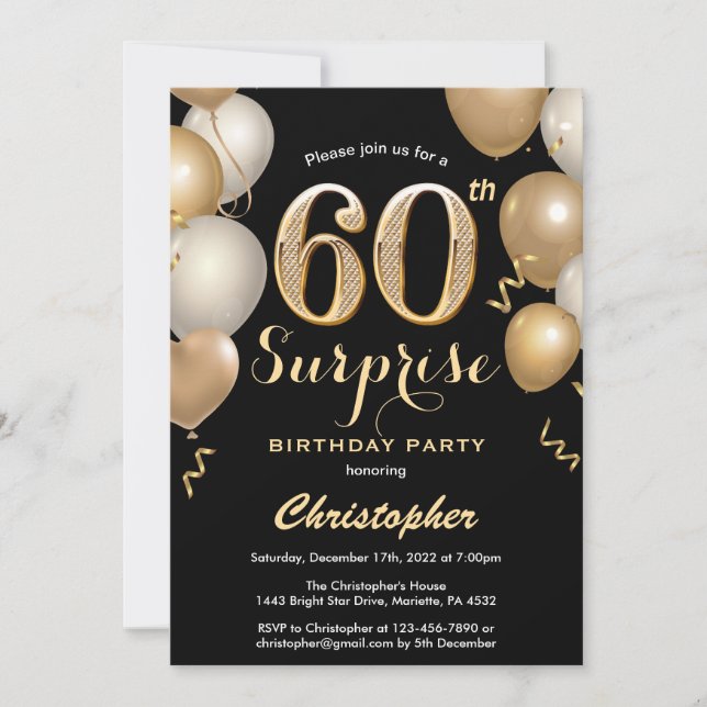 Surprise 60th Birthday Black and Gold Balloons Invitation (Front)