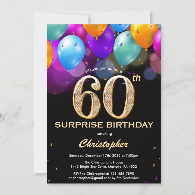 Surprise 60th Birthday Black and Gold Balloons Invitation (Front)