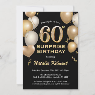 Surprise 60th Birthday Black and Gold Balloons Invitation