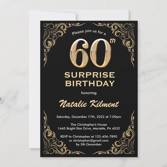 Surprise 60th Birthday Black and Gold Glitter Invitation (Front)