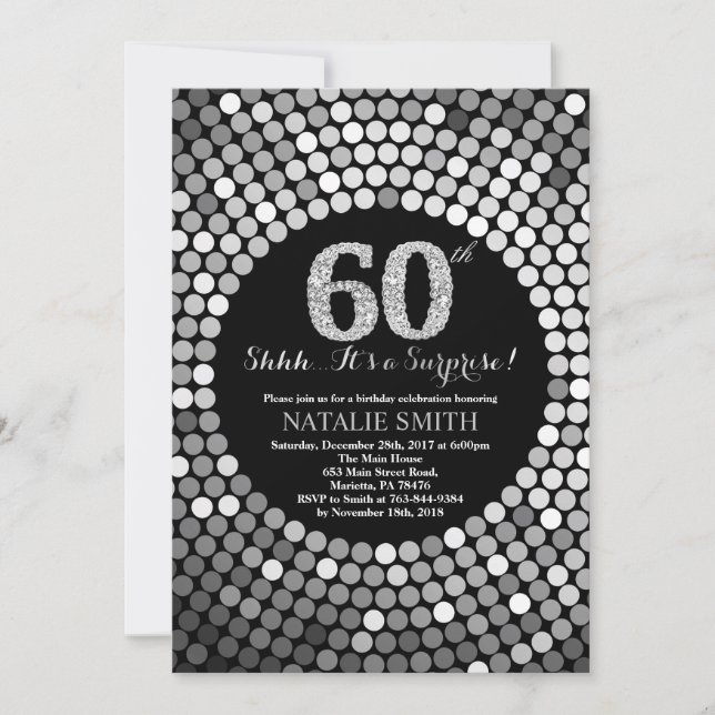 Surprise 60th Birthday Black and Silver Glitter Invitation (Front)