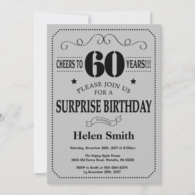 Surprise 60th Birthday Black and Silver Grey Invitation (Front)