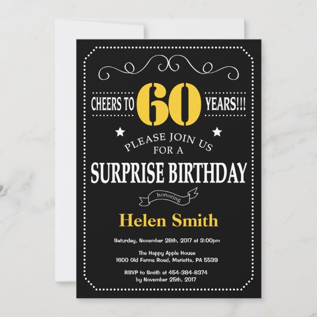 Surprise 60th Birthday Black and Yellow Chalkboard Invitation (Front)