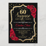 Surprise 60th Birthday - Black Gold Red Invitation<br><div class="desc">Surprise 60th Birthday Invitation.
Feminine black,  red design with faux glitter gold. Features red roses,  script font and confetti. Perfect for an elegant birthday party. Can be personalized to show any age. Message me if you need further customization.</div>