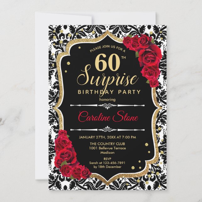 Surprise 60th Birthday - Black Gold Red Invitation (Front)