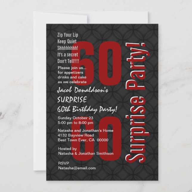 SURPRISE 60th Birthday Black White Red W147 Invitation (Front)