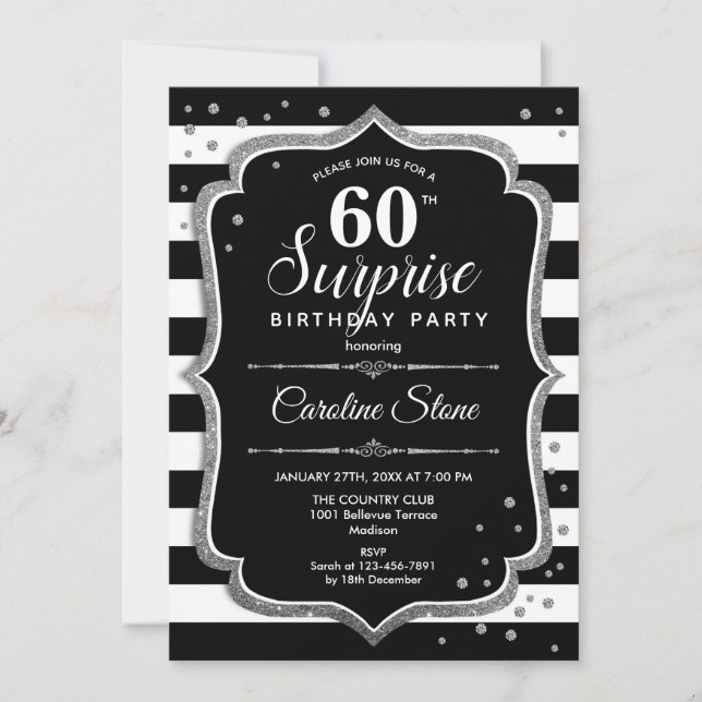 Surprise 60th Birthday - Black White Silver Invitation (Front)