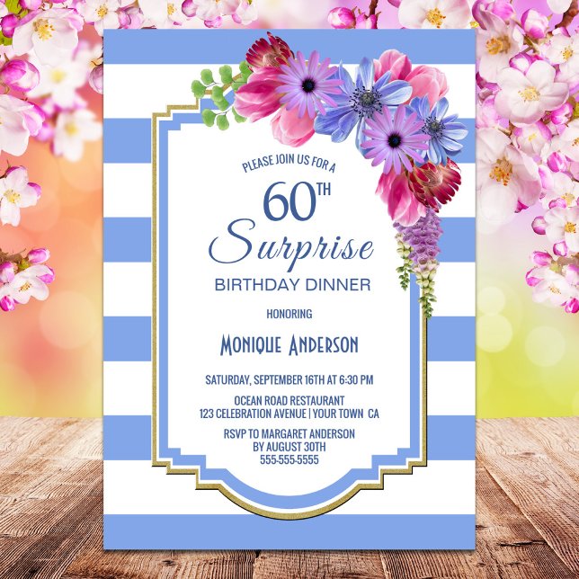 Surprise 60th Birthday Blue Striped Floral Dinner Invitation (Creator Uploaded)