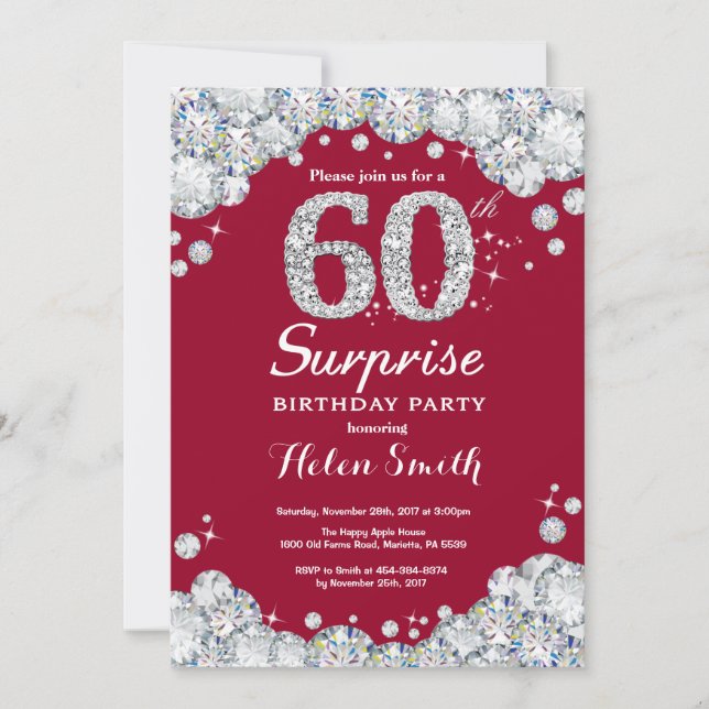Surprise 60th Birthday Burgundy Red Silver Diamond Invitation (Front)