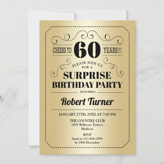 Surprise 60th Birthday - Gold Black Invitation (Front)