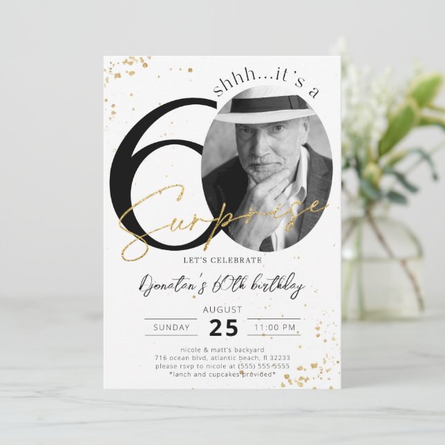 Surprise 60th Birthday Gold Photo Invitation (Standing Front)
