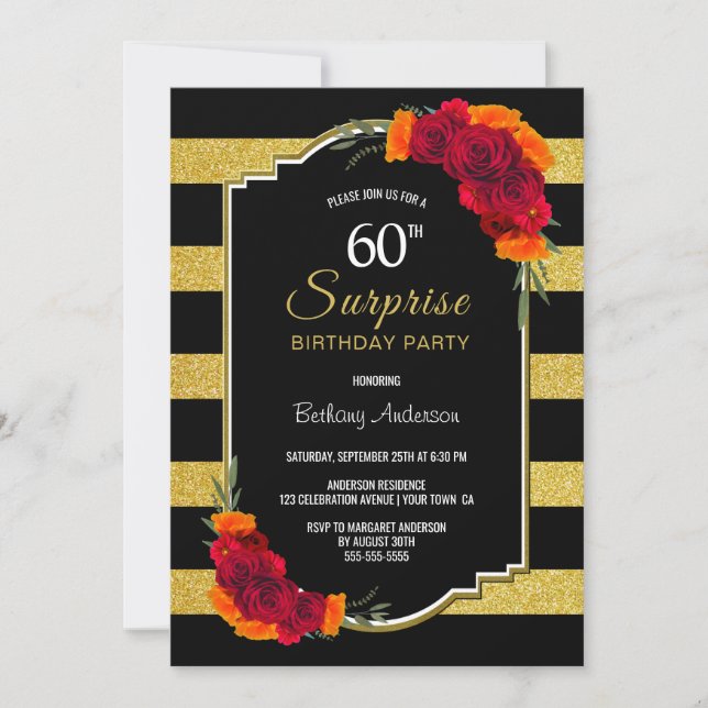 Surprise 60th Birthday Gold Striped Red Floral Invitation (Front)
