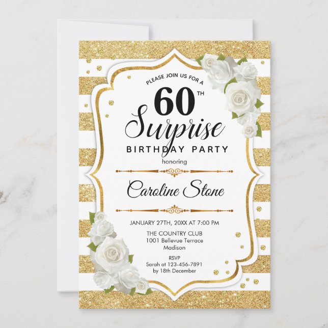 Surprise 60th Birthday - Gold White Invitation (Front)