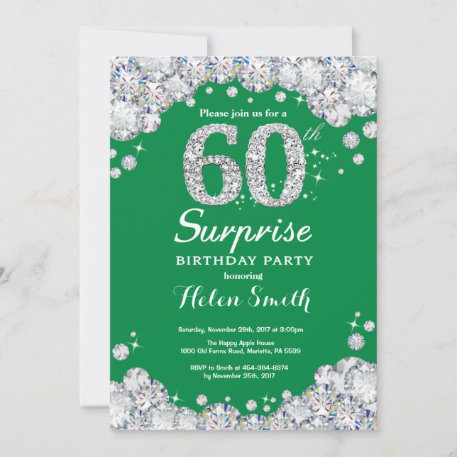 Surprise 60th Birthday Green and Silver Diamond Invitation (Front)