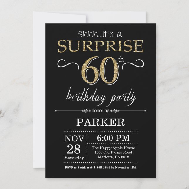 Surprise 60th Birthday Invitation Black and Gold (Front)