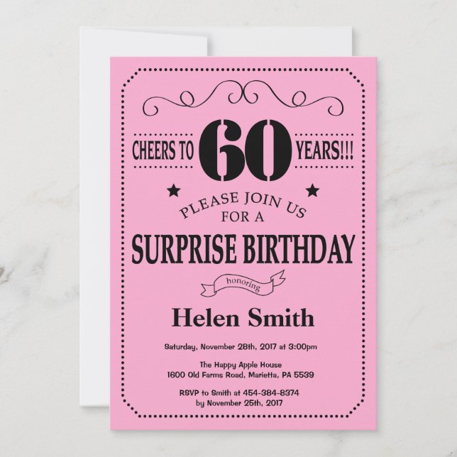 Surprise 60th Birthday Invitation Black and Pink (Front)