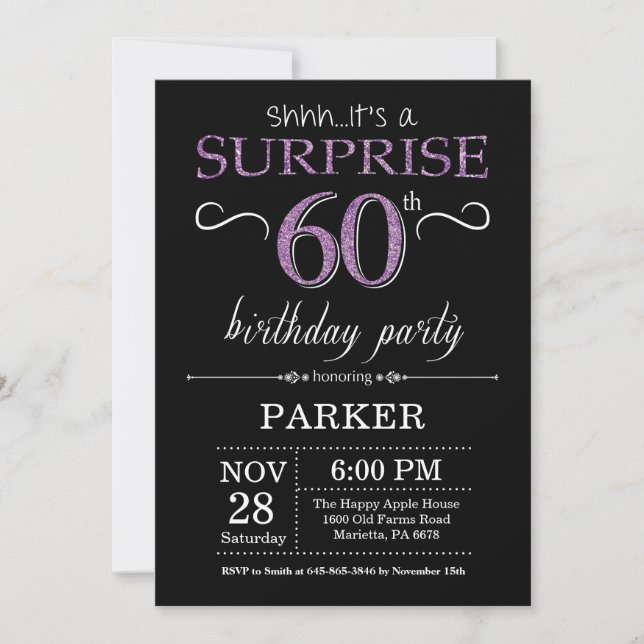 Surprise 60th Birthday Invitation Black and Purple (Front)