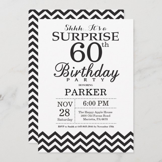 Surprise 60th Birthday Invitation Black Chevron (Front/Back)